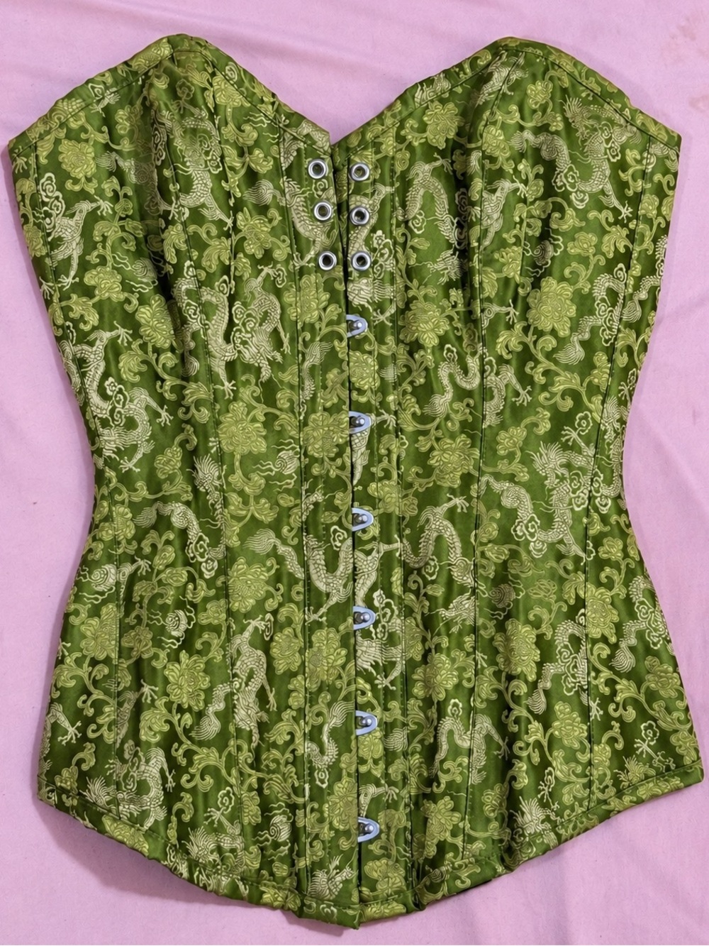 Rare Versatile Fashions Steel Bust Overbust Corset 22" Green Dragon Brocade
